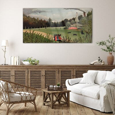 Tableau photo sur verre Paysage vert avec des personnages