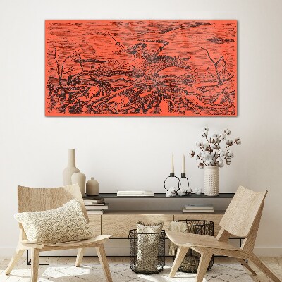 Tableau en verre Cavalier sur un paysage de feu
