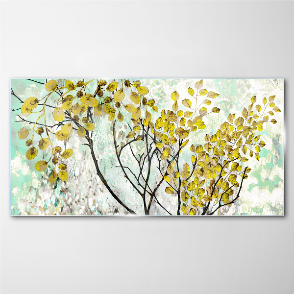 Tableau imprimé sur verre Feuilles de printemps sur fond bleu