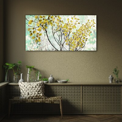 Tableau imprimé sur verre Feuilles de printemps sur fond bleu