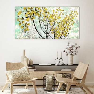 Tableau imprimé sur verre Feuilles de printemps sur fond bleu