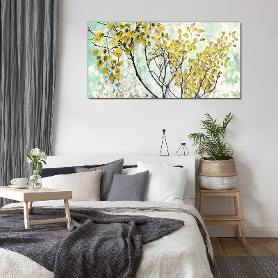 Tableau imprimé sur verre Feuilles de printemps sur fond bleu