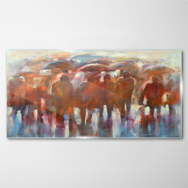 Tableau en verre Scène pluvieuse avec parapluies