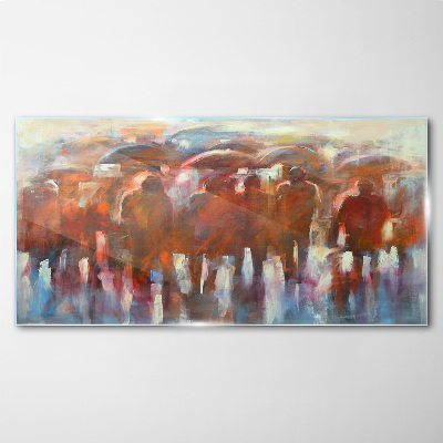 Tableau en verre Scène pluvieuse avec parapluies
