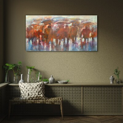 Tableau en verre Scène pluvieuse avec parapluies