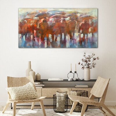Tableau en verre Scène pluvieuse avec parapluies