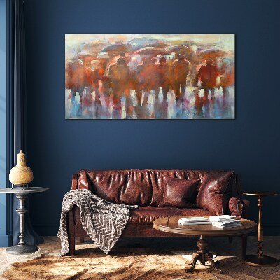 Tableau en verre Scène pluvieuse avec parapluies