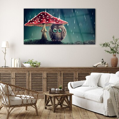 Tableau sur verre Un hibou sous un champignon sous la pluie