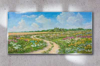 Tableau verre imprimé Un chemin fleuri parmi les prairies