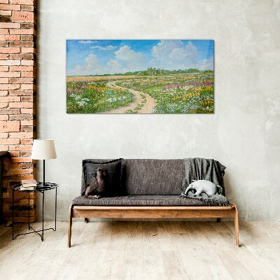 Tableau verre imprimé Un chemin fleuri parmi les prairies