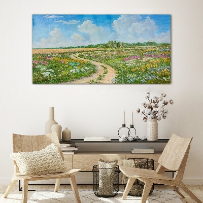 Tableau verre imprimé Un chemin fleuri parmi les prairies