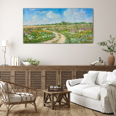 Tableau verre imprimé Un chemin fleuri parmi les prairies