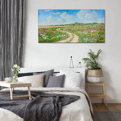 Tableau verre imprimé Un chemin fleuri parmi les prairies