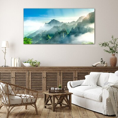 Tableau en verre Paysage de montagne par un matin brumeux