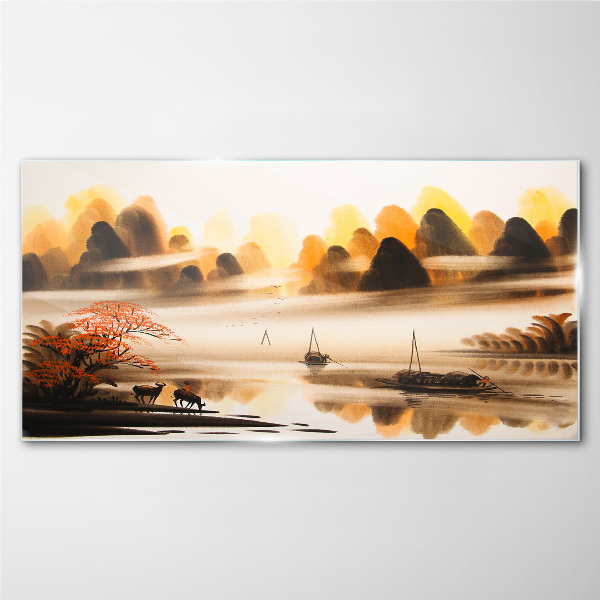 Tableau imprimé sur verre Un paysage paisible avec des montagnes et de l'eau