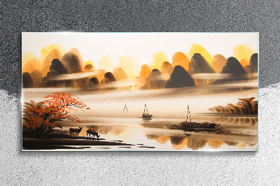 Tableau imprimé sur verre Un paysage paisible avec des montagnes et de l'eau