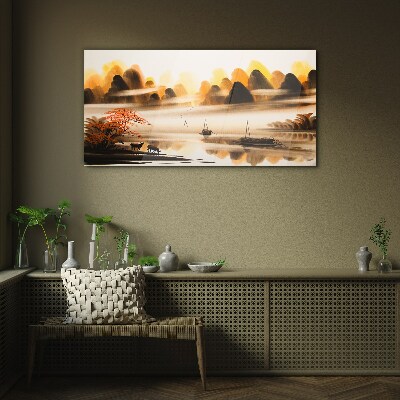 Tableau imprimé sur verre Un paysage paisible avec des montagnes et de l'eau
