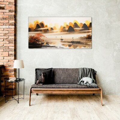 Tableau imprimé sur verre Un paysage paisible avec des montagnes et de l'eau