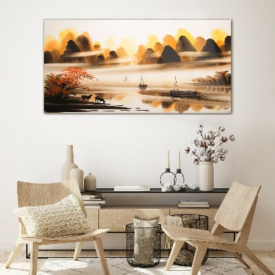 Tableau imprimé sur verre Un paysage paisible avec des montagnes et de l'eau