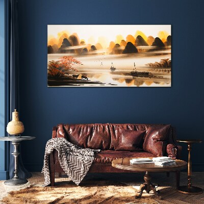 Tableau imprimé sur verre Un paysage paisible avec des montagnes et de l'eau