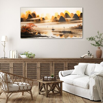 Tableau imprimé sur verre Un paysage paisible avec des montagnes et de l'eau