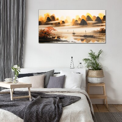 Tableau imprimé sur verre Un paysage paisible avec des montagnes et de l'eau