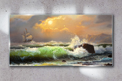Tableau verre imprimé Mer agitée avec un voilier