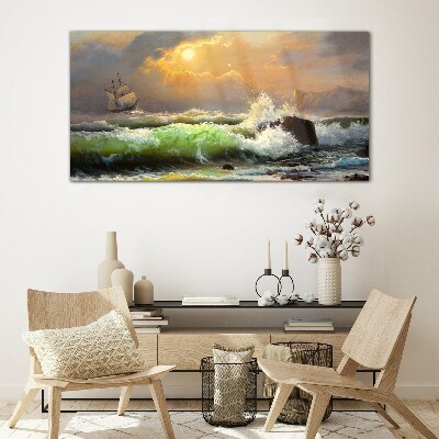 Tableau verre imprimé Mer agitée avec un voilier