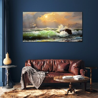 Tableau verre imprimé Mer agitée avec un voilier