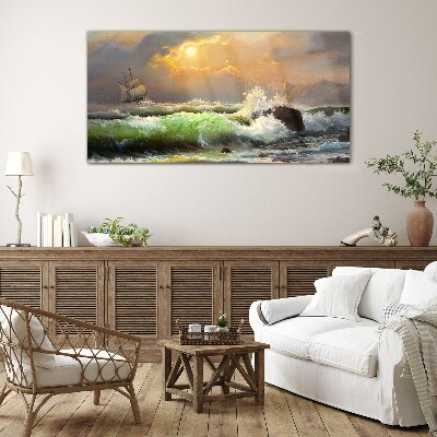 Tableau verre imprimé Mer agitée avec un voilier