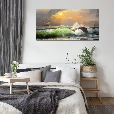 Tableau verre imprimé Mer agitée avec un voilier