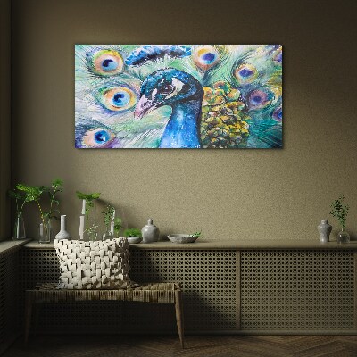 Tableau photo sur verre Un paon coloré parmi les plumes