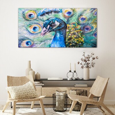 Tableau photo sur verre Un paon coloré parmi les plumes