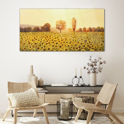 Tableau verre imprimé Champ de tournesols au soleil couchant