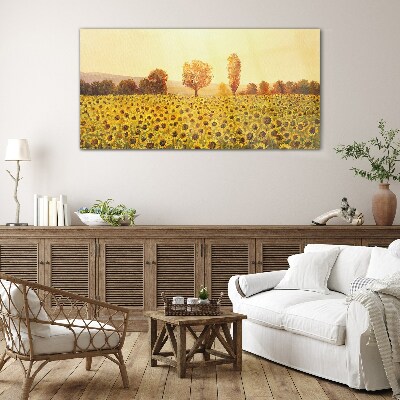 Tableau verre imprimé Champ de tournesols au soleil couchant