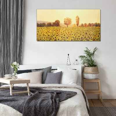 Tableau verre imprimé Champ de tournesols au soleil couchant