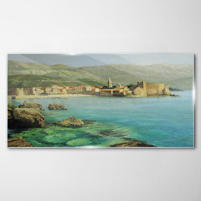 Tableau sur verre Paysage de bord de mer avec des collines de montagne
