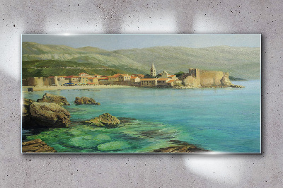 Tableau sur verre Paysage de bord de mer avec des collines de montagne