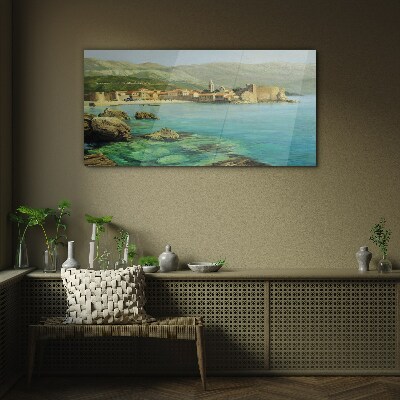 Tableau sur verre Paysage de bord de mer avec des collines de montagne