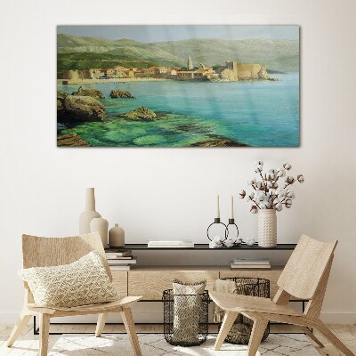 Tableau sur verre Paysage de bord de mer avec des collines de montagne