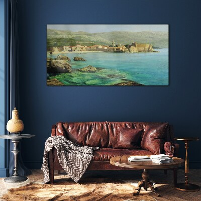 Tableau sur verre Paysage de bord de mer avec des collines de montagne