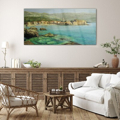 Tableau sur verre Paysage de bord de mer avec des collines de montagne