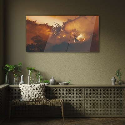 Tableau en verre Le dragon dans le feu d'un rituel magique