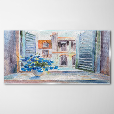 Tableau sur verre Des fleurs près de la fenêtre ouverte