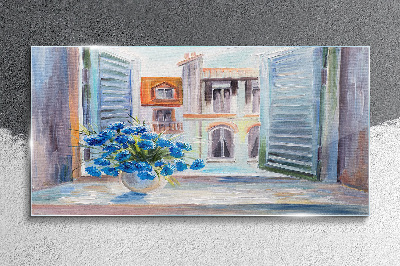 Tableau sur verre Des fleurs près de la fenêtre ouverte