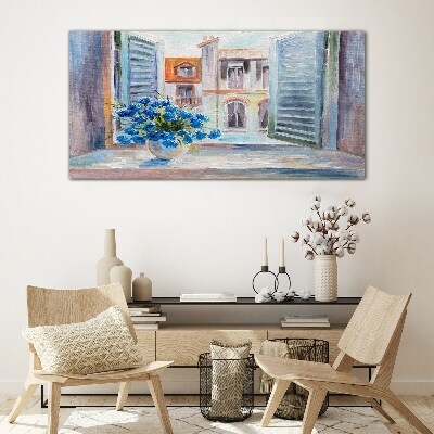 Tableau sur verre Des fleurs près de la fenêtre ouverte