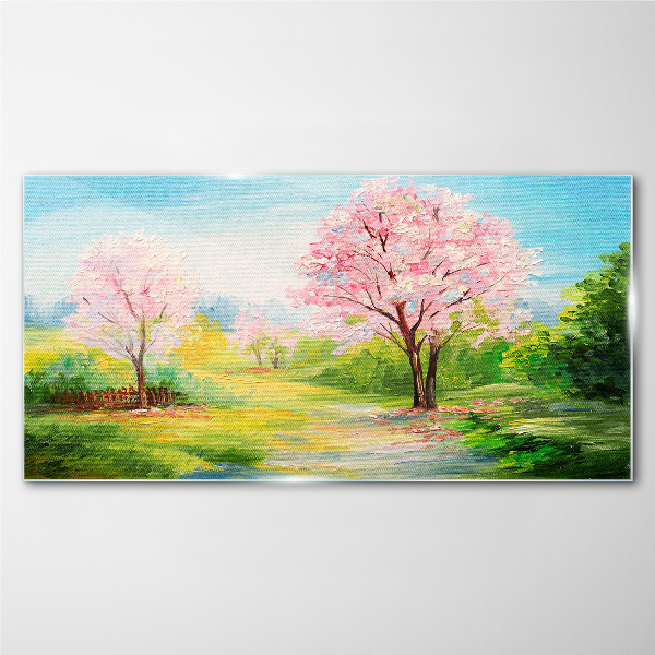 Tableau imprimé sur verre Arbres printaniers en fleurs roses