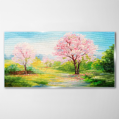 Tableau imprimé sur verre Arbres printaniers en fleurs roses