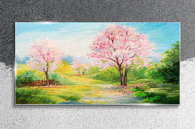 Tableau imprimé sur verre Arbres printaniers en fleurs roses