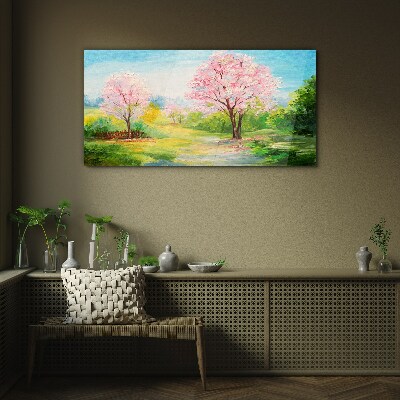 Tableau imprimé sur verre Arbres printaniers en fleurs roses